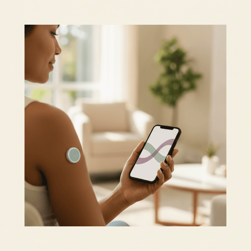 A person checking continuous glucose monitor data on a smartphone, the sensor visible on their upper arm