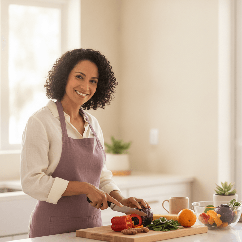 A healthy adult preparing fresh, colorful whole foods in a bright kitchen — everyday metabolic and hormonal wellness