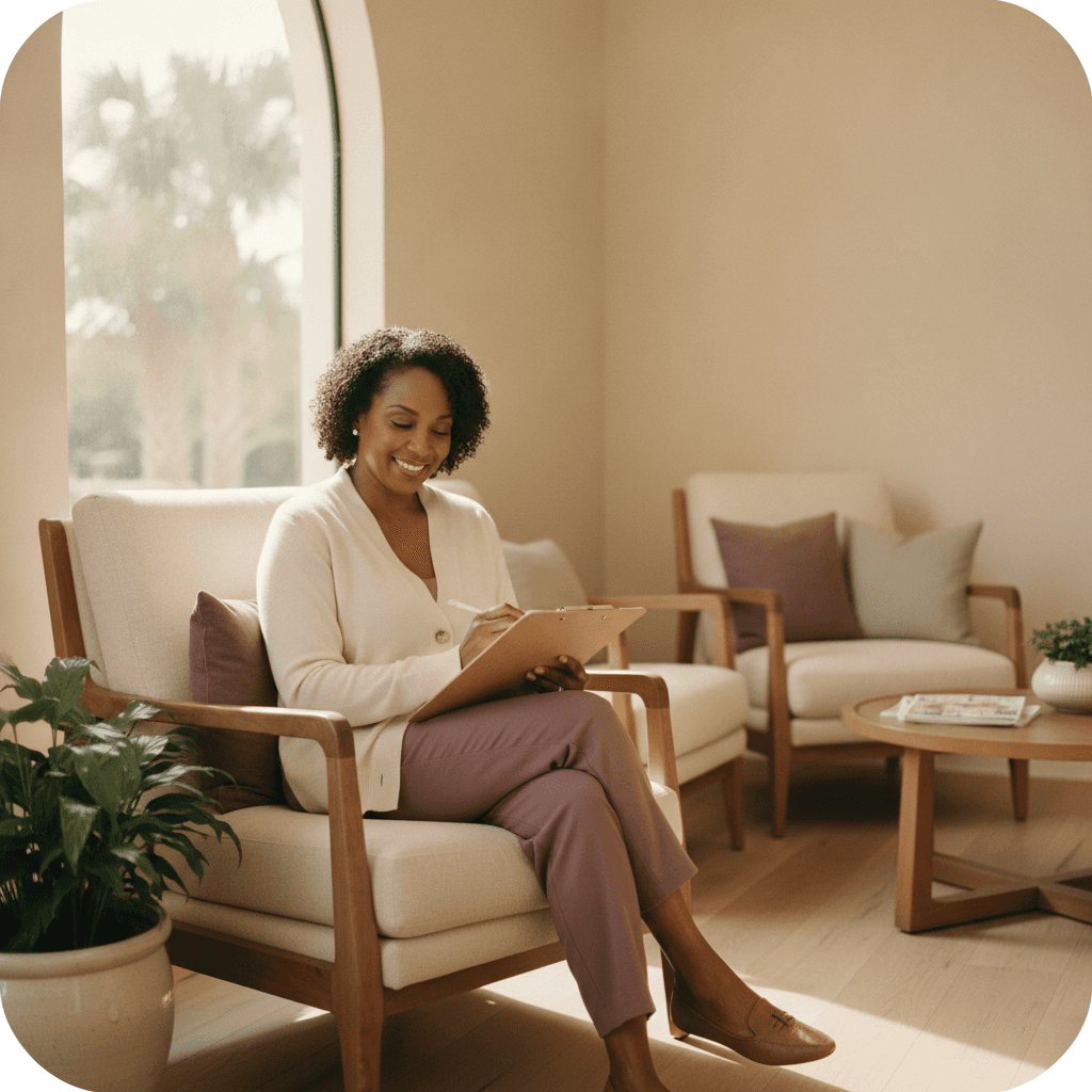 A patient relaxing with intake paperwork in FDTEC's calm, sunlit waiting area