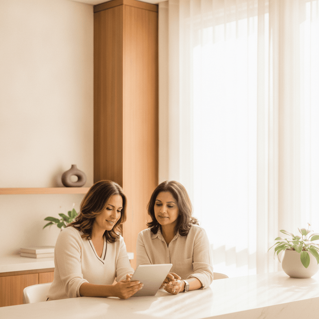 Dr. Taneja and a patient reviewing health information together on a tablet in a bright office