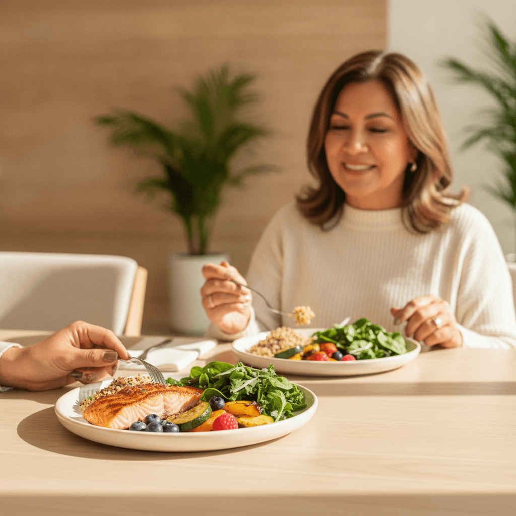 Two people enjoying a fresh, colorful, balanced meal — everyday healthy eating for Type 2 diabetes